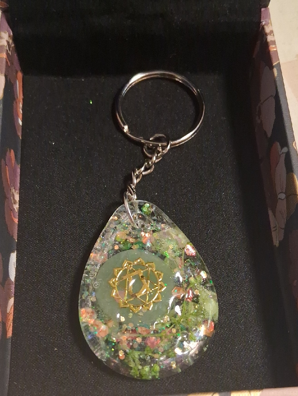 Handmade Teardrop Resin Keychain with Gold Chakra Accent - Green Glitter